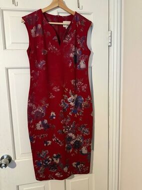 Beige by eci Red Floral Midi Sheath Dress